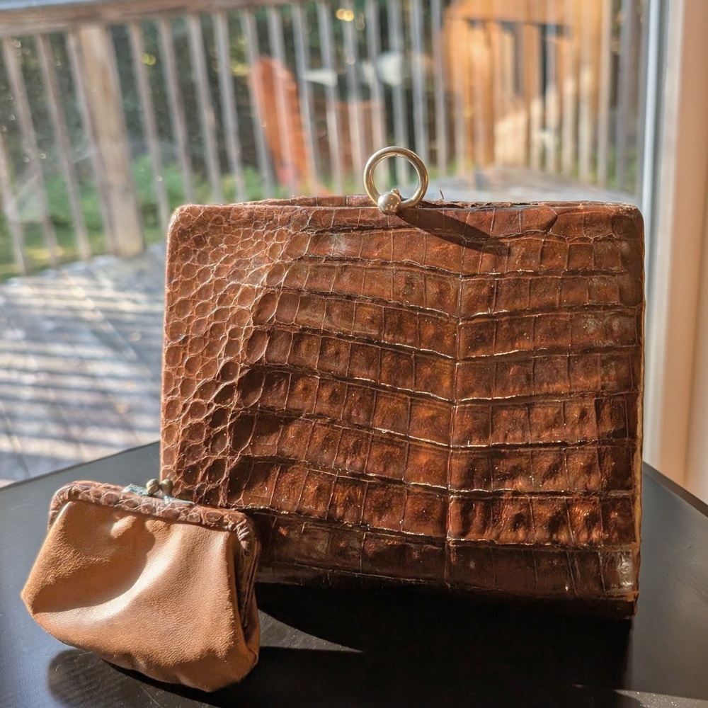 Brown Crocodile Embossed Handbag and Coin Purse